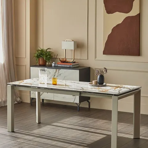 BOXED DANETTI LOUIS NATURAL CERAMIC EXTENDING 6 TO 8 SEATER DINING TABLE - NATURAL (2 BOXES)