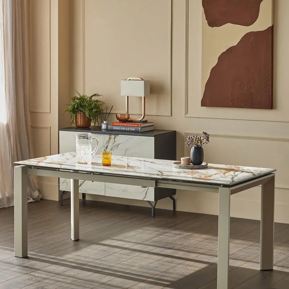 BOXED DANETTI LOUIS NATURAL CERAMIC EXTENDING 6 TO 8 SEATER DINING TABLE - NATURAL (2 BOXES)