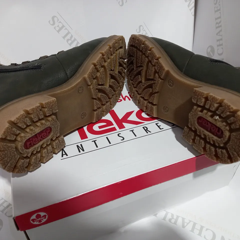 BOXED PAIR OF RIEKER GREEN CUFFED HIKING BOOT - SIZE 6
