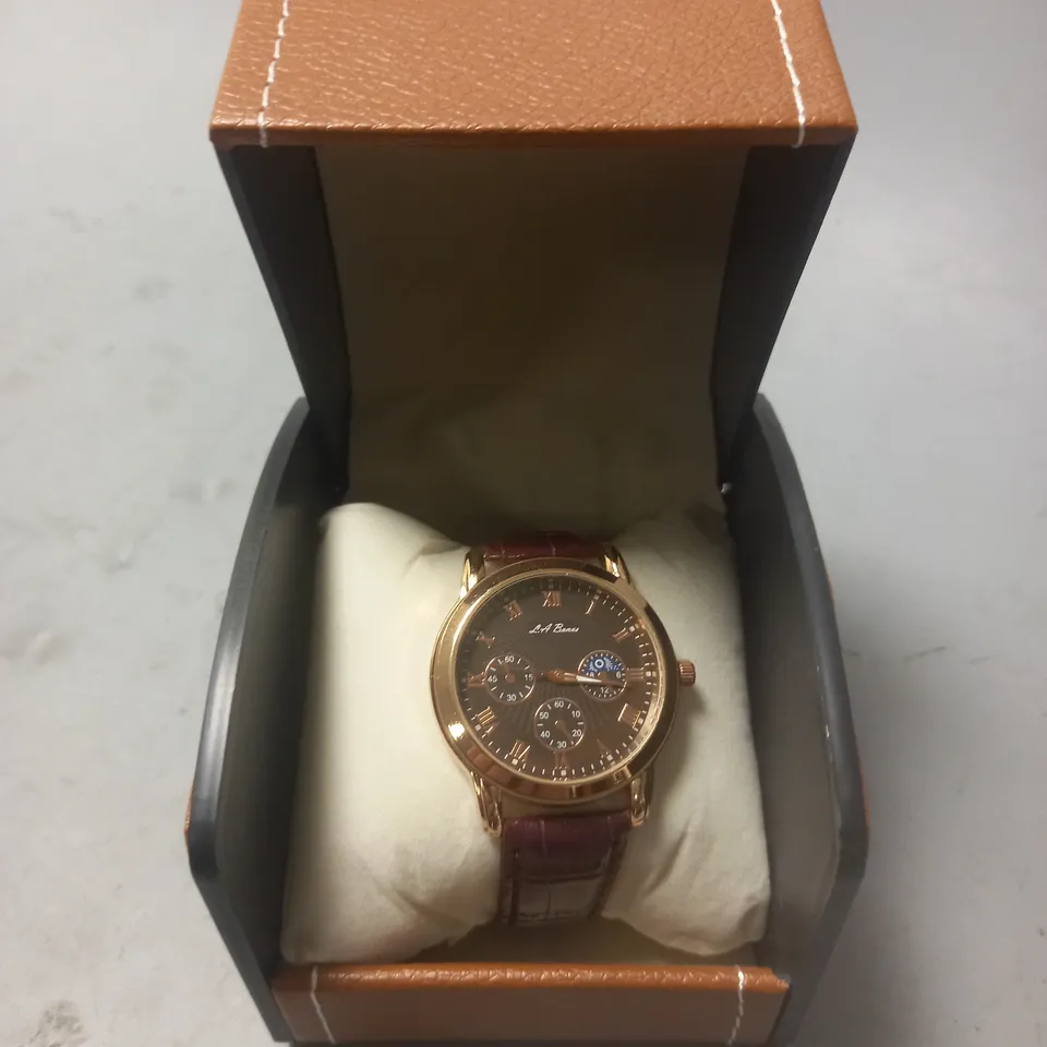 LA BANUS STAINLESS STEEL CHRONOGRAPH WATCH WITH LEATHER STRAP IN GIFT BOX
