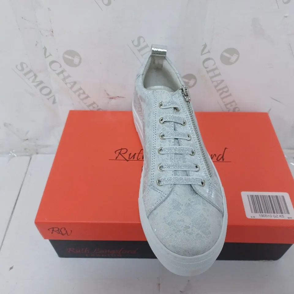 BOXED PAIR OF RUTH LANGSFORD ZIP DETAIL TRAINERS IN SILVER - SIZE 5