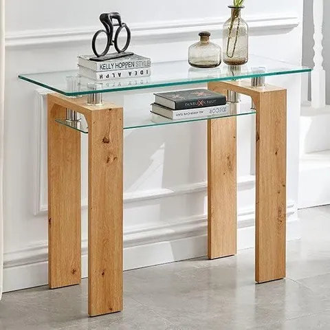 BOXED KONTRAST CONSOLE TABLE IN WHITE GLASS & OAK FINISH (2 BOXES)