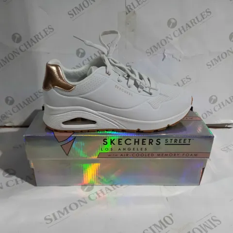 BOXED PAIR OF SKECHERS STREET SHOES WHITE/ROSE GOLD UK SIZE 7