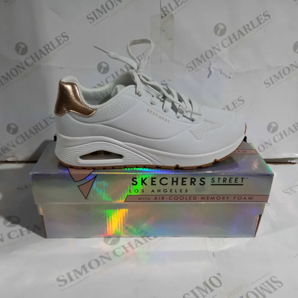 BOXED PAIR OF SKECHERS STREET SHOES WHITE/ROSE GOLD UK SIZE 7