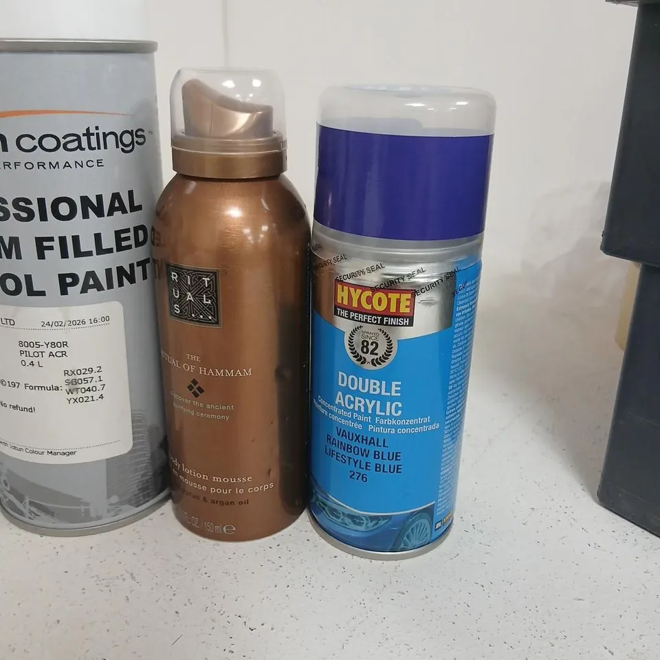 APPROXIMATELY 19 ASSORTED AEROSOL SPRAYS TO INCLUDE; ASSORTED AEROSOL SPRAYS – PAINTS, COATINGS & COSMETICS (MIXED LOT) INCLUDING CALFIRE, MARATHON, HYCOTE, DOVE, AVÈNE