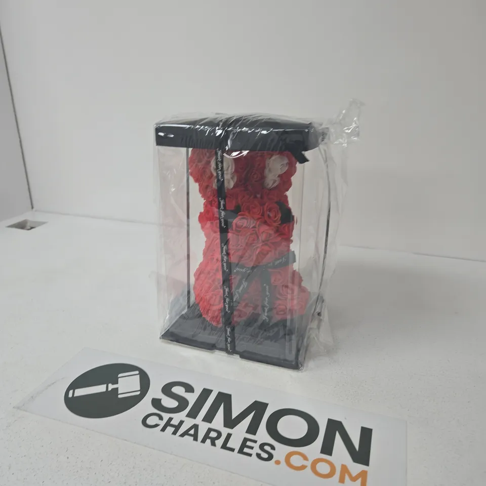 JUST FOR YOU ARTIFICIAL RED ROSE RABBIT IN BLACK DISPLAY CASE