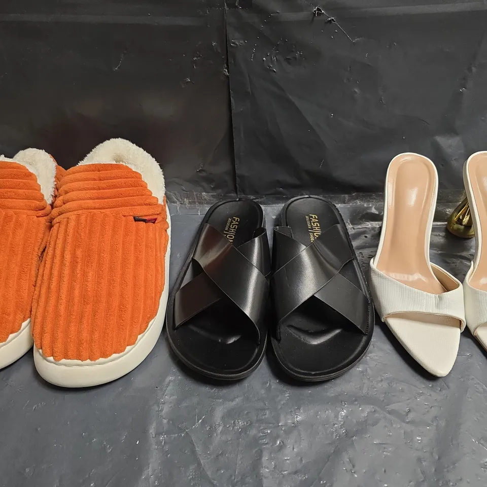 BOX OF APPROXIMATELY 15 ASSORTED PAIRS OF SHOES AND FOOTWEAR ITEMS IN VARIOUS COLOURS, STYLES, AND SIZES - COLLECTION ONLY