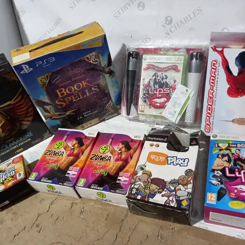 9 ASSORTED ITEMS TO INCLUDE: BOOK OF SPELLS FOR PS3, WARHAMMER 40000 SPACE MARINE COLLECTOR'S EDITION, ZUMBRA FITNESS FOR WII ETC