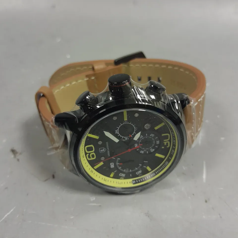 MENS LOUIS LACOMBE CHRONGRAPH WATCH – 3 SUB DIALS – BLACK CASE – LEATHER STRAP