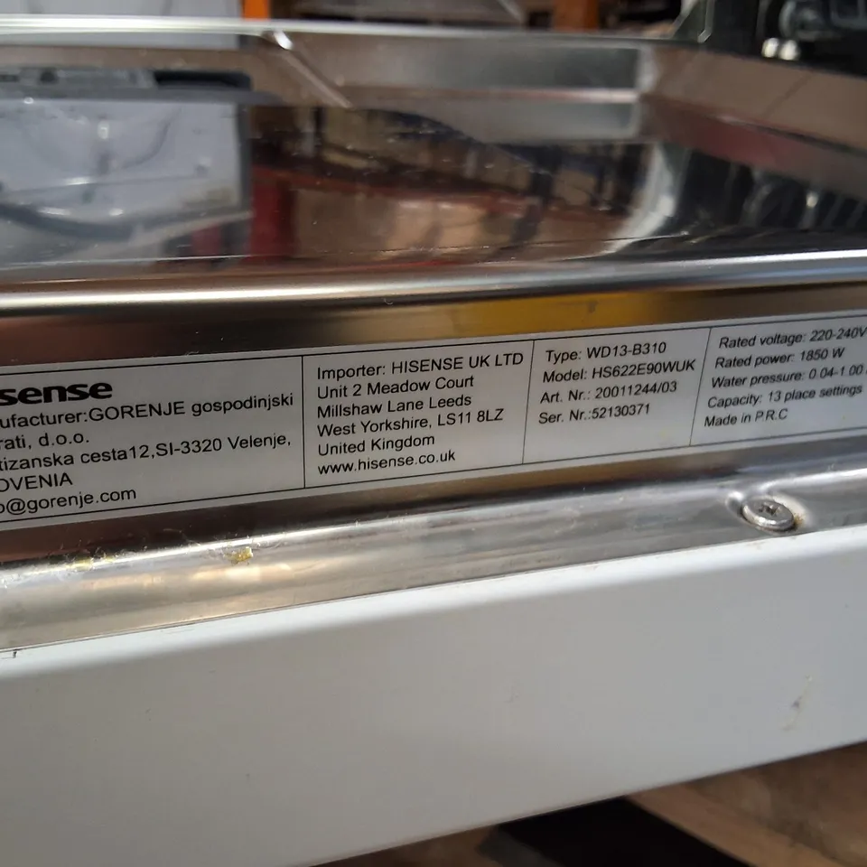 HISENSE HS622E90WUK FREESTANDING STANDARD DISHWASHER 85CM HIGH - E RATED, WHITE