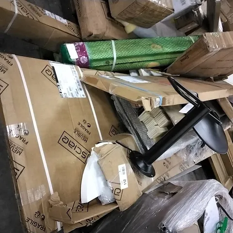 PALLET OF ASSORTED ITEMS INCLUDING PARTS FOR OUTDOOR SWING SET, BED PARTS, BAR STOOL PARTS, COFFEE TABLE PARTS ETC