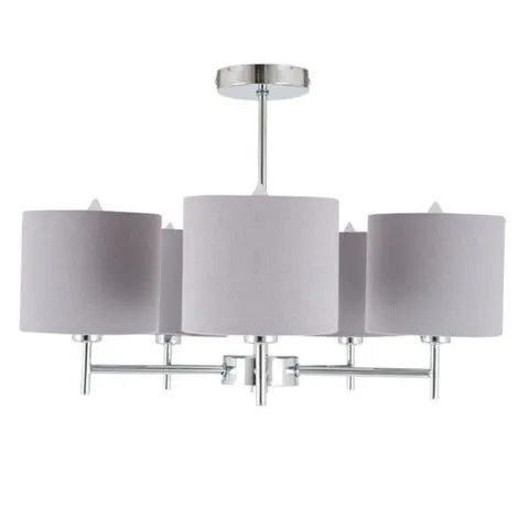 BOXED PACIFIC LIFESTYLE PLAZA 5- LIGHT CEILING CHANDELIER ARM PENDANT, SILVER AND GREY LINEN SHADE W49XD49XH36CM