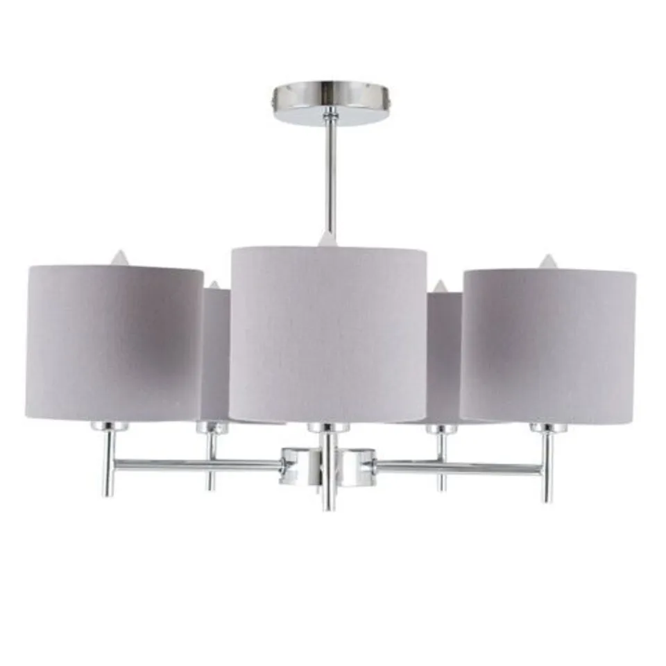 BOXED PACIFIC LIFESTYLE PLAZA 5- LIGHT CEILING CHANDELIER ARM PENDANT, SILVER AND GREY LINEN SHADE W49XD49XH36CM
