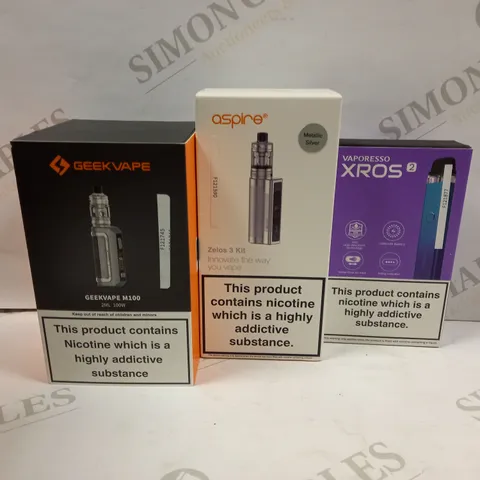 BOX OF APPROXMATELY 28 E-CIGARETTES AND LIQUIDS TO INCLUDE VAPORESSO XROS2, ASPIRE ZELOS 3 KIT, GEEKVAPE M100, ETC