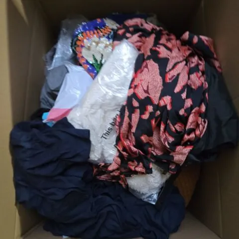 LARGE BOX OF ASSORTED CLOTHING ITEMS IN VARIOUS SIZES, STYLES AND COLOUR