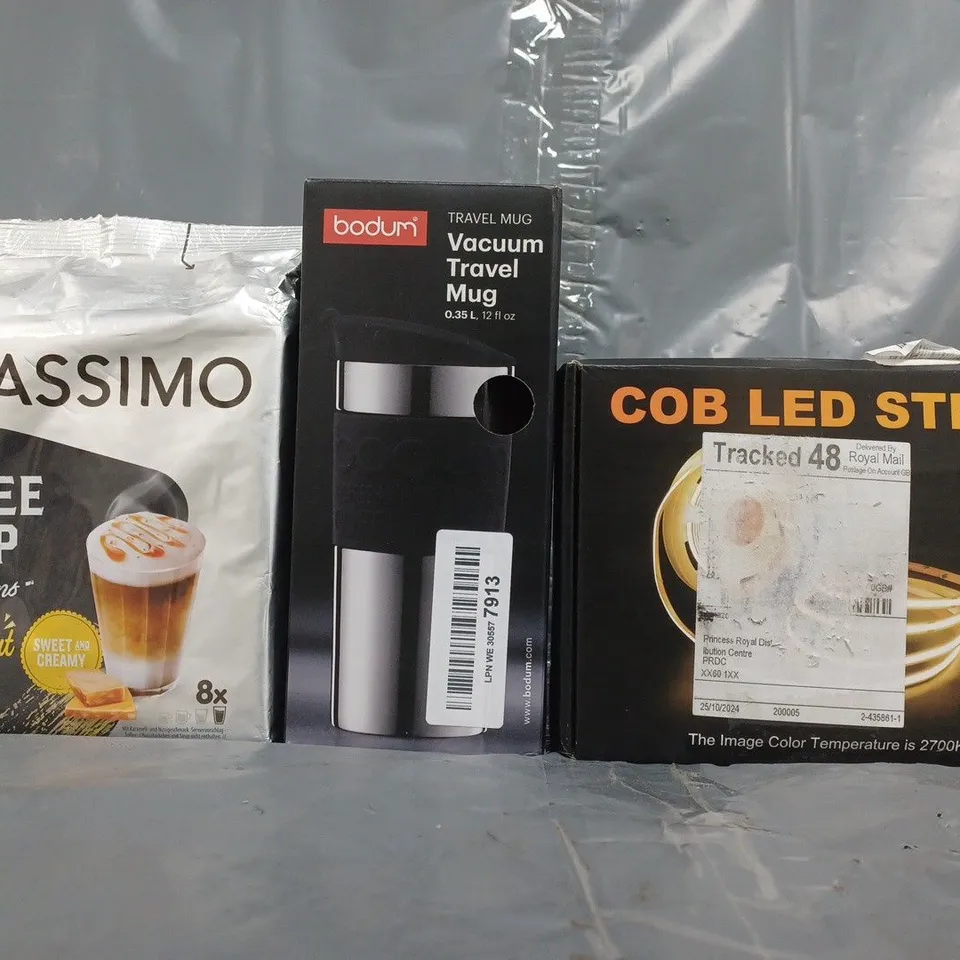 BOX OF APPROXIMATELY 15 ASSORTED HOUSEHOLD ITEMS TO INCLUDE LED STRIP LIGHT, VACUUM TRAVEL MEG, TASSIMO PACK OF 8 TOFFEE NUT LATTE, ETC