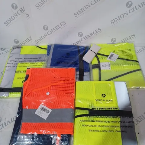 APPROXIMATELY 5 ASSORTED HI-VIS SAFETY VESTS IN VARIOUS COLOURS AND SIZES