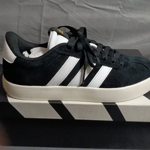 BOXED PAIR OF ADIDAS BLACK SUEDE SNEAKERS WITH WHITE STRIPES – UK SIZE 6 - WOMENS 