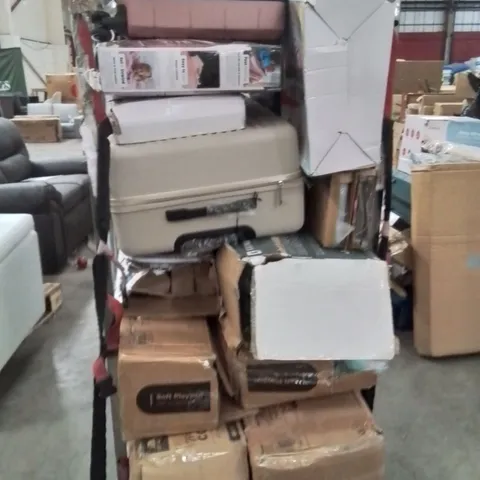CAGE OF ASSORTED HOUSEHOLD GOODS AND PRODUCTS TO INCLUDE;CAMPING CHAIRS,SUITCASE,PLAYPEN,ADJUSTABLE WEIGHT BENCH,CORDLESS VACUUM CLEANER 