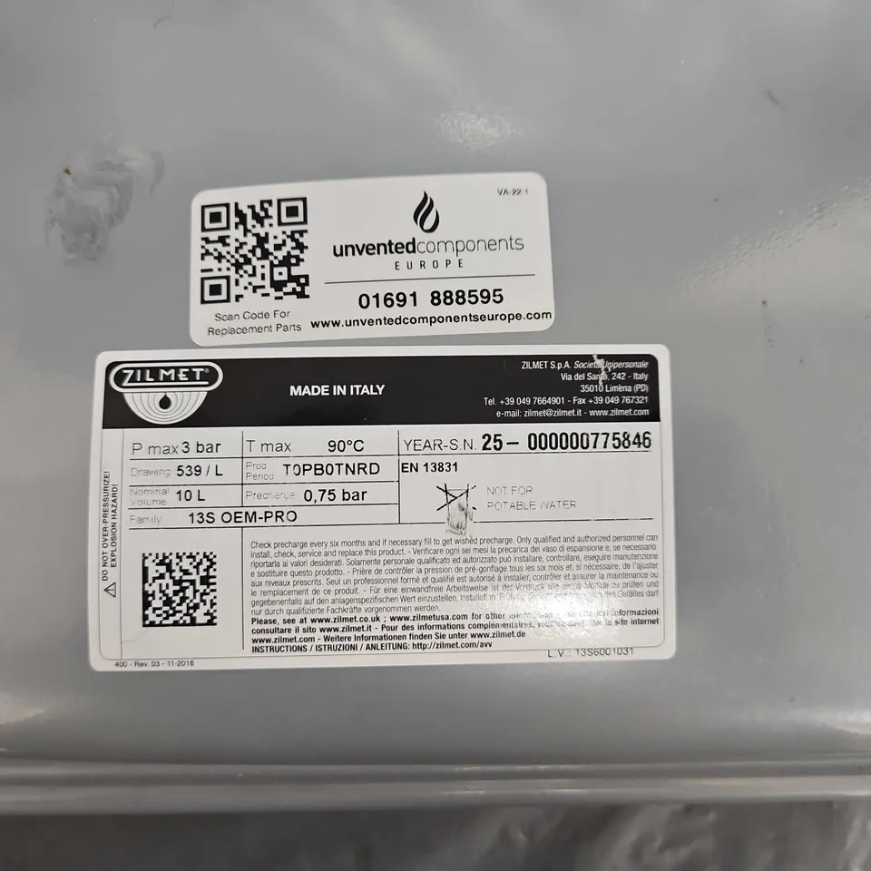 UNVENTED COMPONENTS BOILER EXPANSION VESSEL / COLLECTION ONLY 