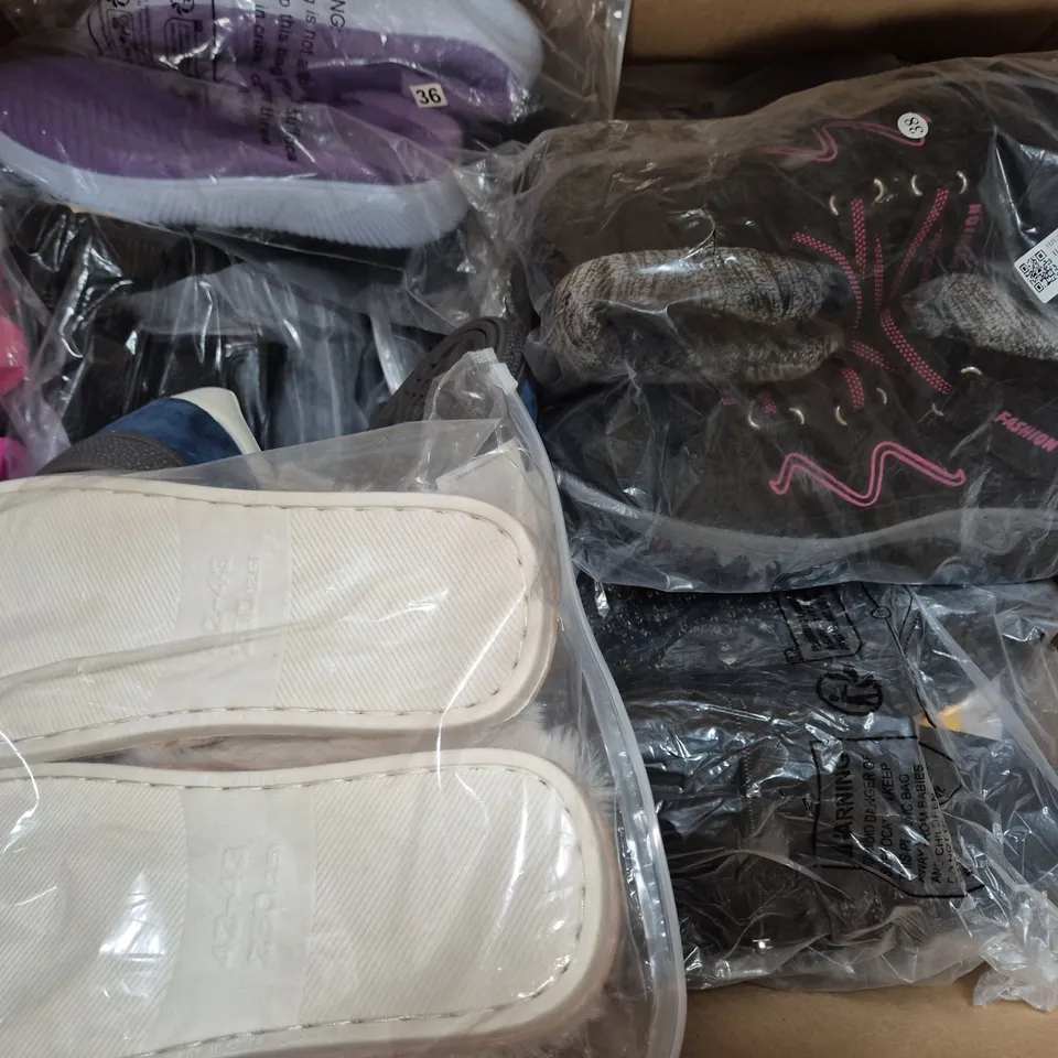 BOX OF APPROXIMATELY 15 ASSORTED PAIRS OF SHOES AND FOOTWEAR ITEMS IN VARIOUS COLOURS, STYLES, AND SIZES - COLLECTION ONLY