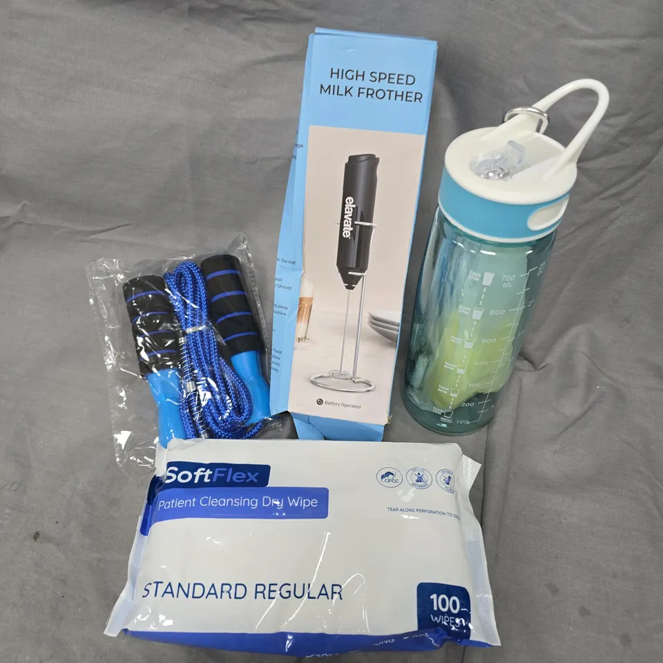 APPROXIMATELY 20 ASSORTED HOUSEHOLD PRODUCTS TO INCLUDE CLEANSING DRY WIPES, MILK FROTHER, DRINKS BOTTLE ETC 