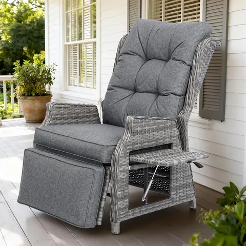 BOXED COMLAX FIELD GARDEN RATTAN RECLINER CHAIRS, ADJUSTABLE SUNLOUNGER WITH THICK CUSHIONS - DARK GREY (1 BOX)