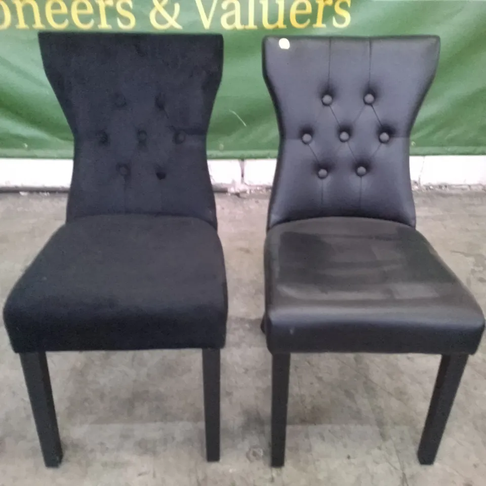 2 MIXED NEW BUTTON BACK DINING CHAIRS (1 BLACK LEATHER, 1 BLACK VELVET)