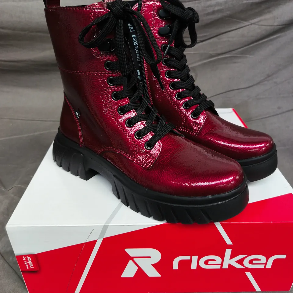 RIEKER BURGUNDY PATENT LEATHER LACE-UP ANKLE BOOTS - 6