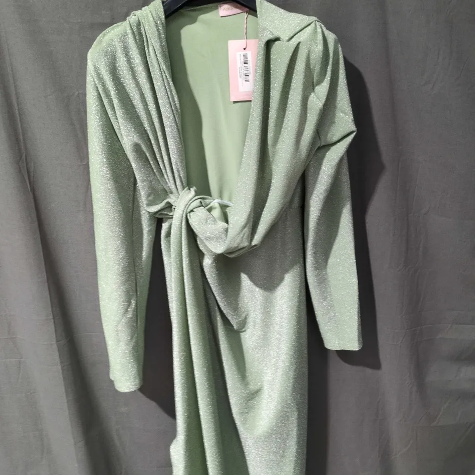 PINK BOUTIQUE EMERALD GREEN SHIMMER WRAP DRESS WITH TIE WAIST - SIZE 14 
