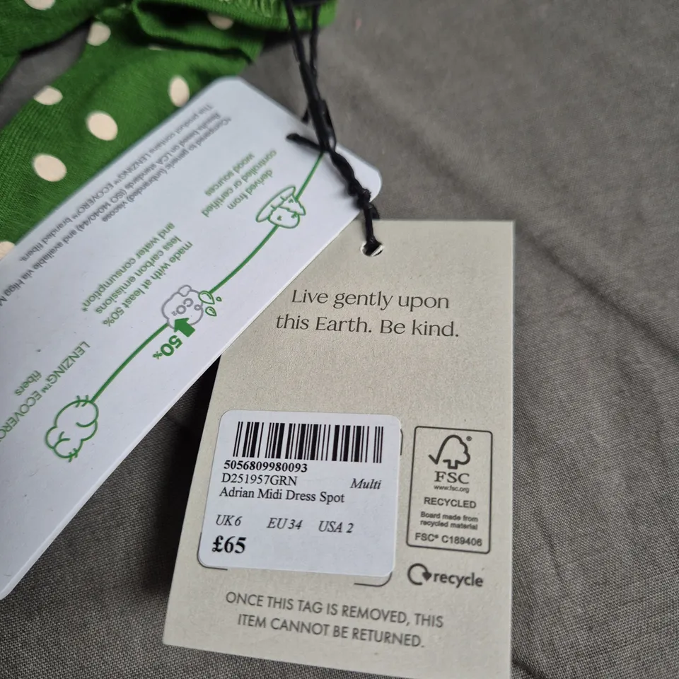 NOBODY'S CHILD ADRIAN MIDI DRESS SPOT – GREEN WITH WHITE POLKA DOTS, UK 6