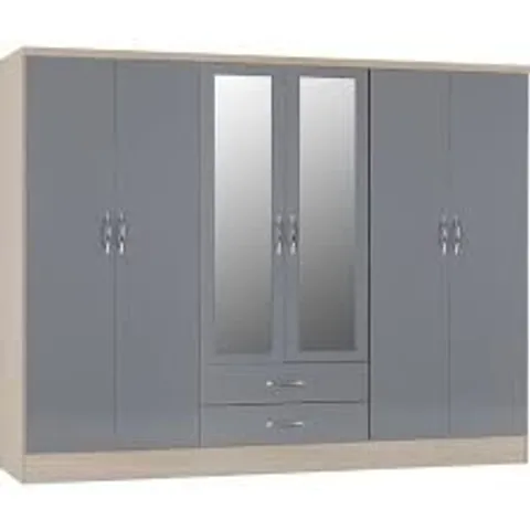 BOXED BRASHEAR 6 DOOR WARDROBE GREY (4 BOXES)
