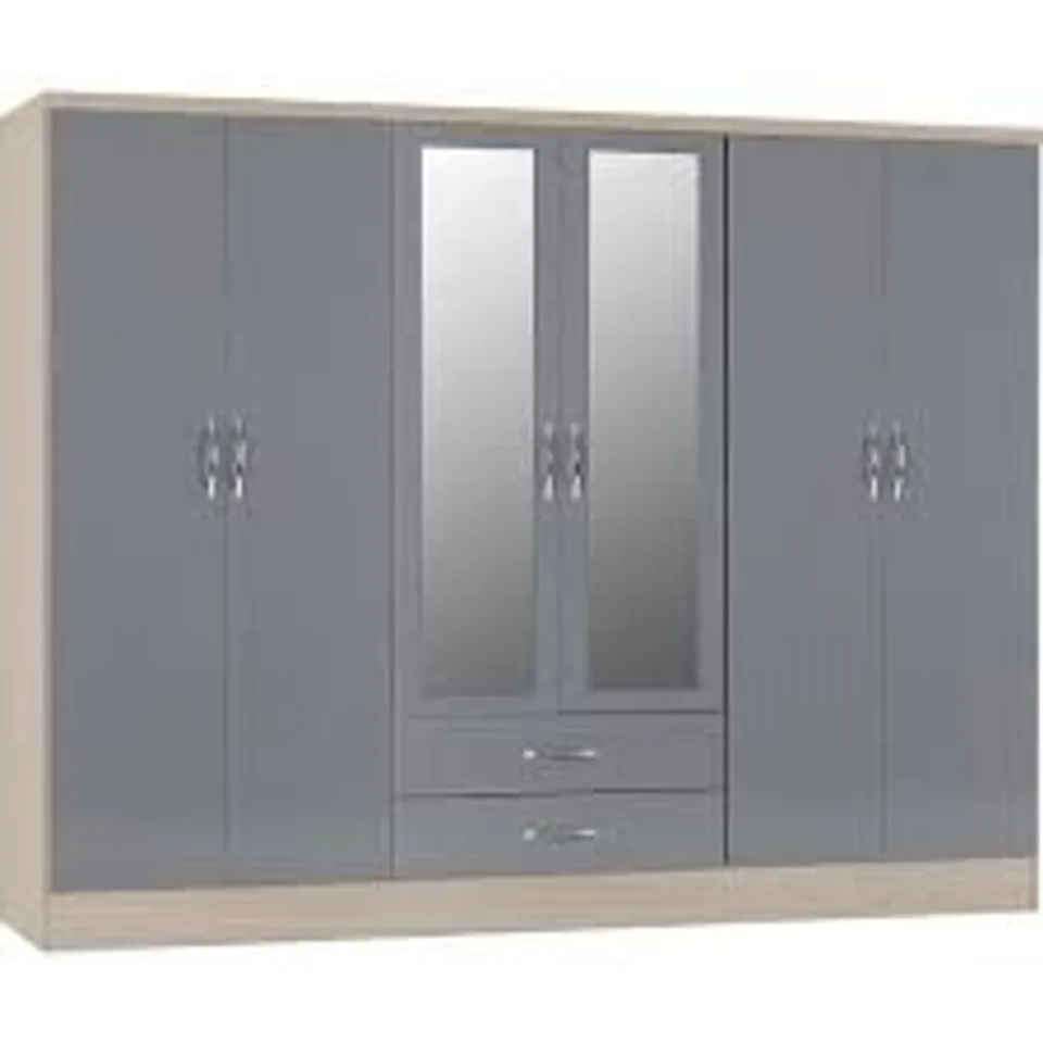 BOXED BRASHEAR 6 DOOR WARDROBE GREY (4 BOXES)