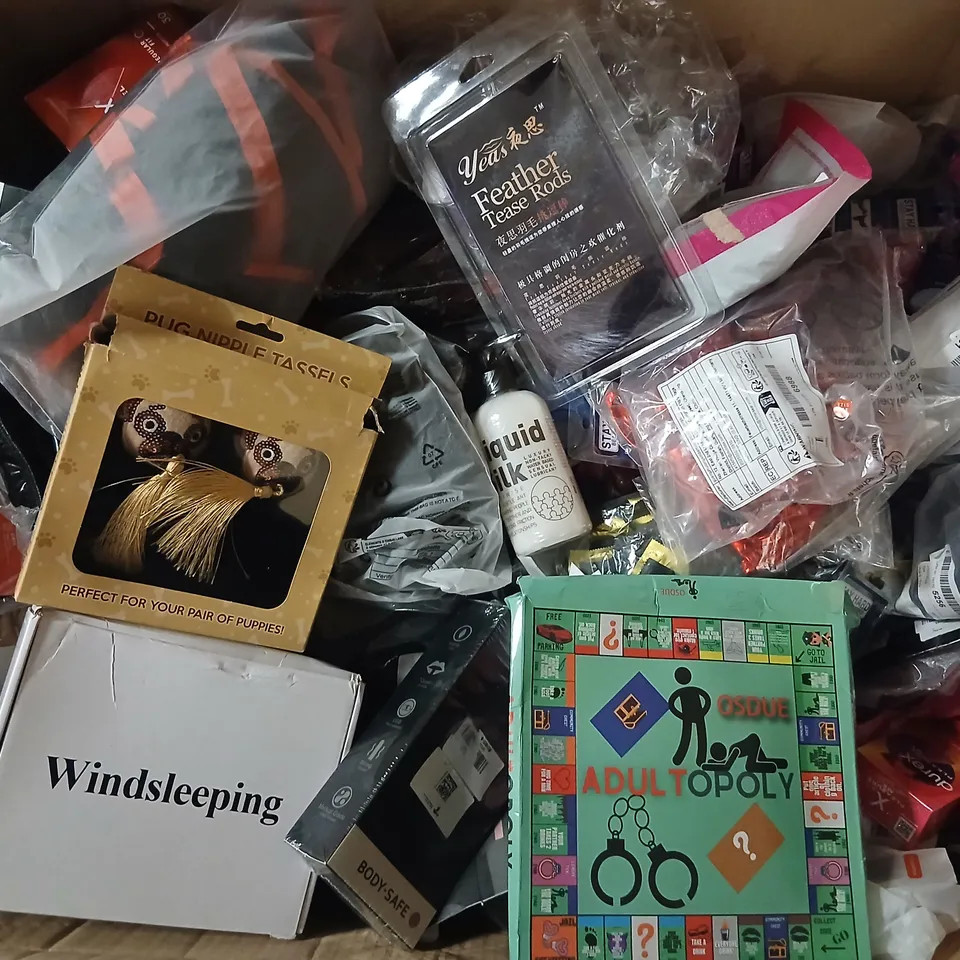 LARGE QUANTITY OF ASSORTED ADULT ACCESSORIES TO INCLUDE; ADULTOPOLY BOARD GAME & FEATHER TEASE RODS – MIXED ADULT NOVELTY LOT