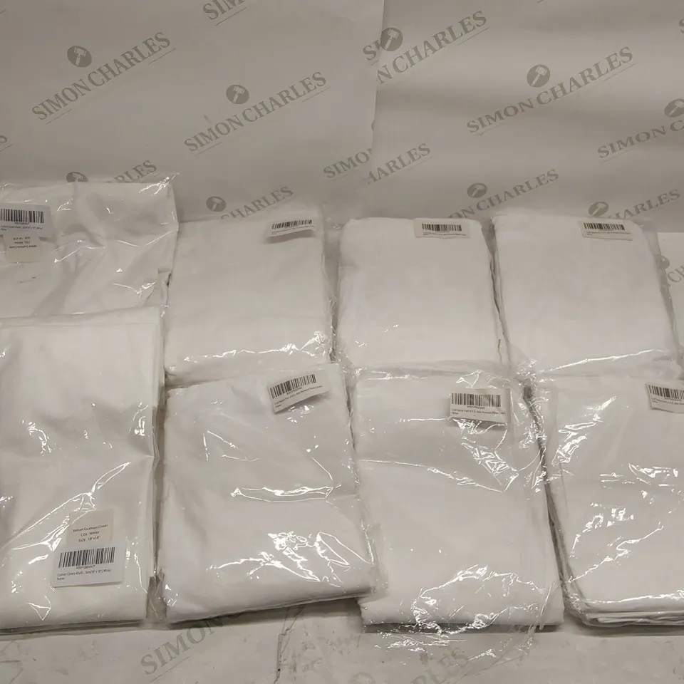 BOX OF APPROXIMATELY 2X BRAND NEW 18" X 18" VELVET WHITE CUSHION COVERS, 6X 4PCS BRAND NEW CRAFT NATIVE WHITE PREMIUM PILLOW COVERS