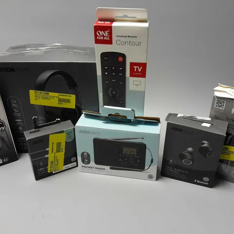 APPROXIMATELY 20 ASSORTED ELECTRICAL ITEMS TO INCLUDE ONE FOR ALL CONTOUR REMOTE, TRUE WIRELESS EARBUDS, NOISE CANCELLING HEADPHONES, ETC