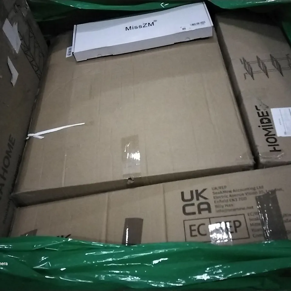 PALLET OF ASSORTED ITEMS INCLUDING HOMIDEC DRYING RACK, METAL CLOTHES RAIL, LYITAHOME BOOKSHELF, LABORATORY RETORT SUPPORT STAND WITH CLAMP, ALUMINIUM FRAME WHITE BOARD