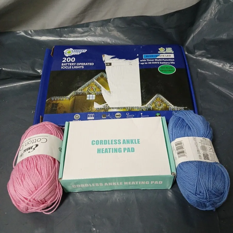 APPROXIMATELY 15 ASSORTED HOUSEHOLD ITEMS TO INCLUDE BATTERY ICICLE LIGHTS, YARN, CORDLESS ANKLE HEATING PAD ETC