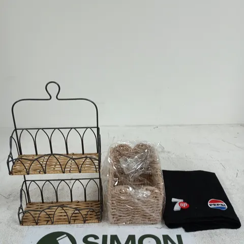 APPROXIMATELY 15 ASSORTED HOUSEHOLD PRODUCTS TO INCLUDE A 7UP PEPSI TEA TOWEL, WICKER STYLE SPICE RACK AND A WICKER STYLE BASKET