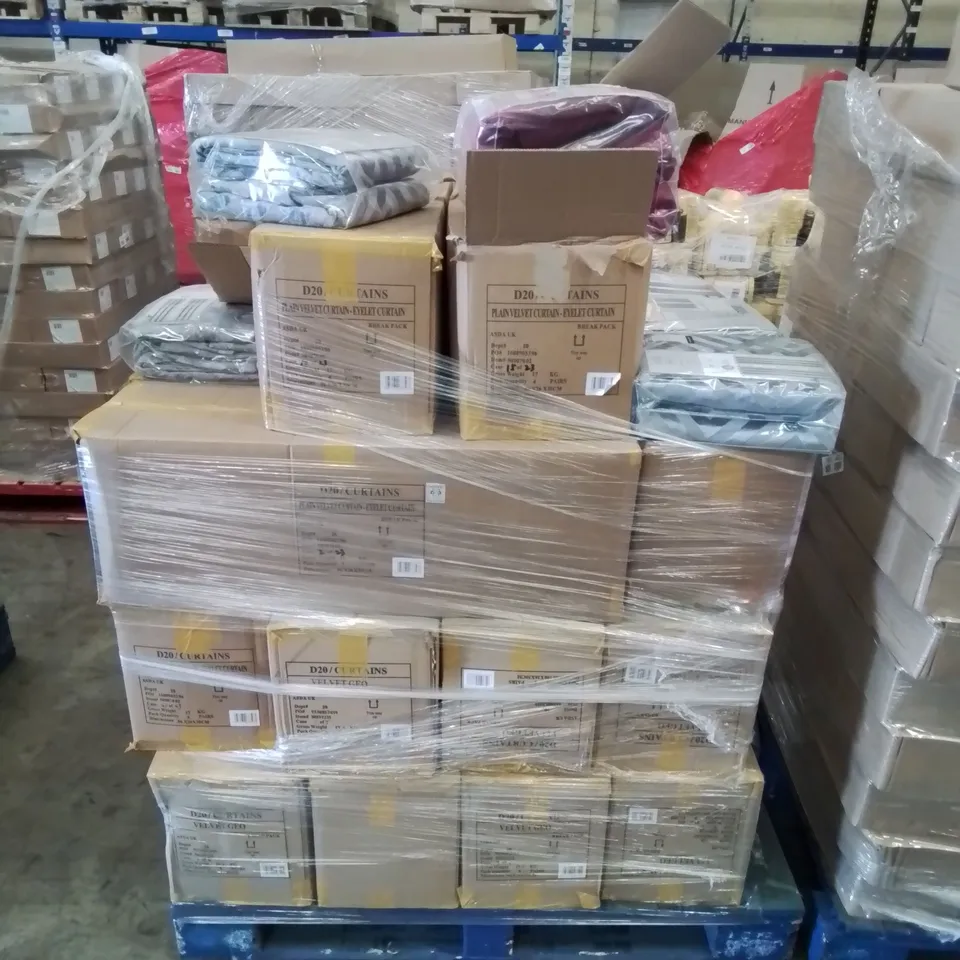 PALLET CONTAINING APPROXIMATELY 14 BOXES OF VARIOUS EYELET VELVET AND MATTE CURTAINS (SIZES VARY)