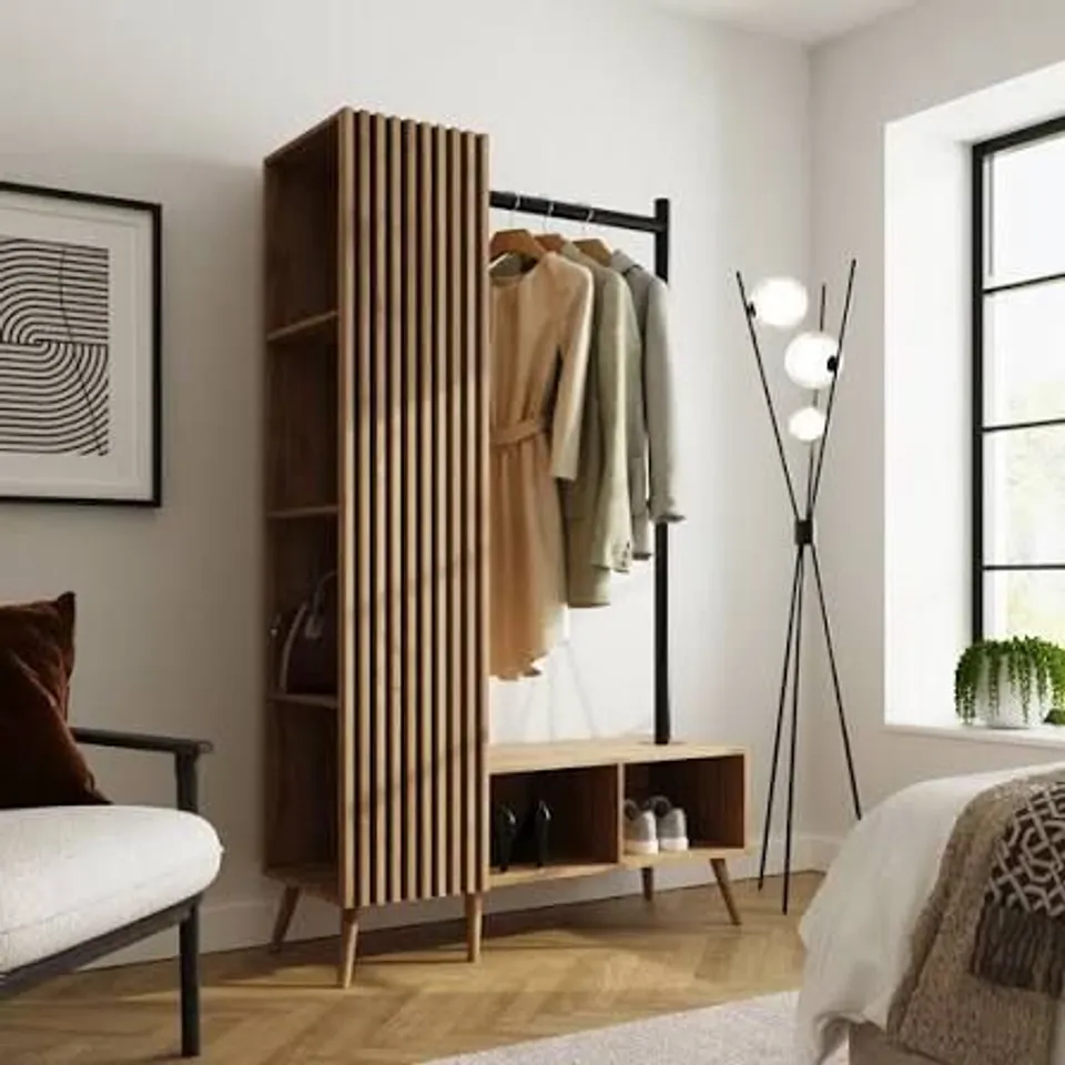 BOXED GFW ROWAN 6 SHELF OAK SLATTED OPEN WARDROBE (2 BOXES)