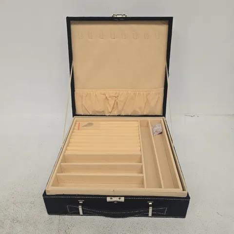 UNBRANDED BLACK JEWELLERY BOX WITH BEIGE LINING, RING-SLOTS AND COMPARTMENTED TRAY