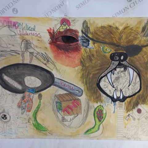 UNBRANDED PRISON A POLITICAL WILDERNESS PAINTING TO INCLUDE - TEFAL FRYING PAN - TNT -SNAKE ECT