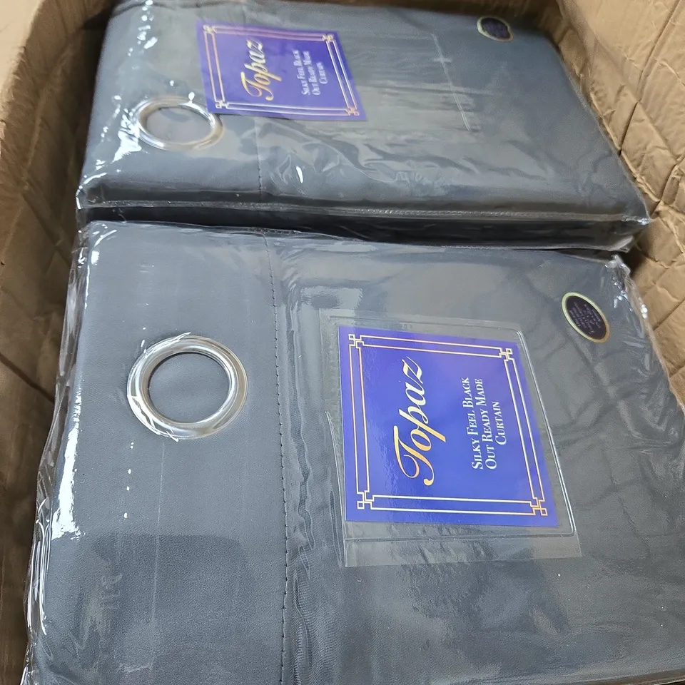 BOX OF APPROXIMATELY 10 X TOPAZ SILKY FEEL BLACK OUT READY MADE CURTAIN – DARK GREY, 2 PANELS