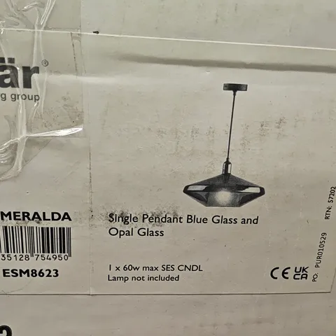 BOXED DAR ESMERALDA SINGLE PENDANT LIGHT IN BLUE GLASS & OPAL GLASS