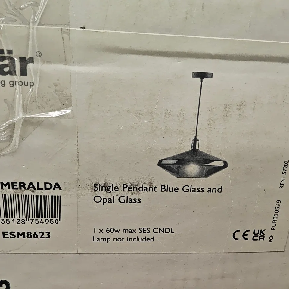 BOXED DAR ESMERALDA SINGLE PENDANT LIGHT IN BLUE GLASS & OPAL GLASS