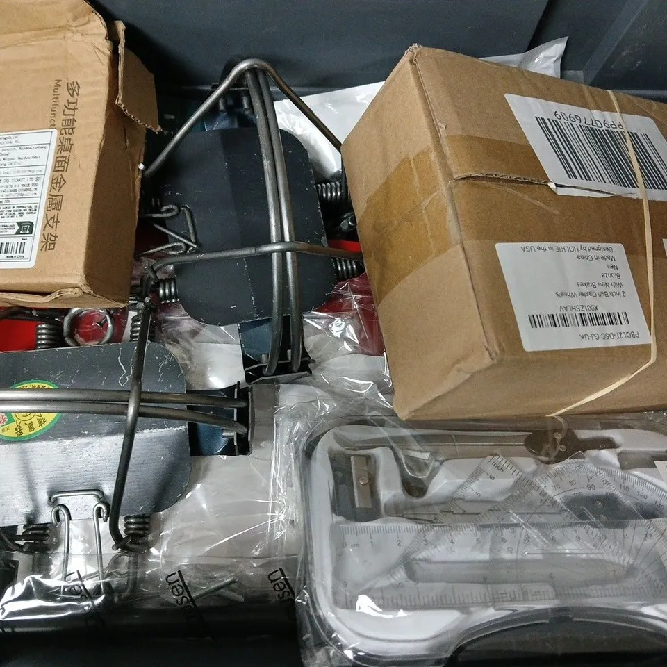 APPROXIMATELY 12 ASSORTED HOUSEHOLD ITEMS TO INCLUDE ELECTRONIC ANTI SNORING DEVICE, WORLD TRAVEL ADAPTOR, 2 INCH BALL CASTER WHEELS, ETC