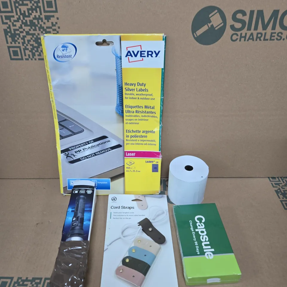 APPROXIMATELY 15 ASSORTED HOUSEHOLD ITEMS TO INCLUDE AVERY HEAVY DUTY SILVER LABELS, WATER CAPSULE AND CORD STRAPS