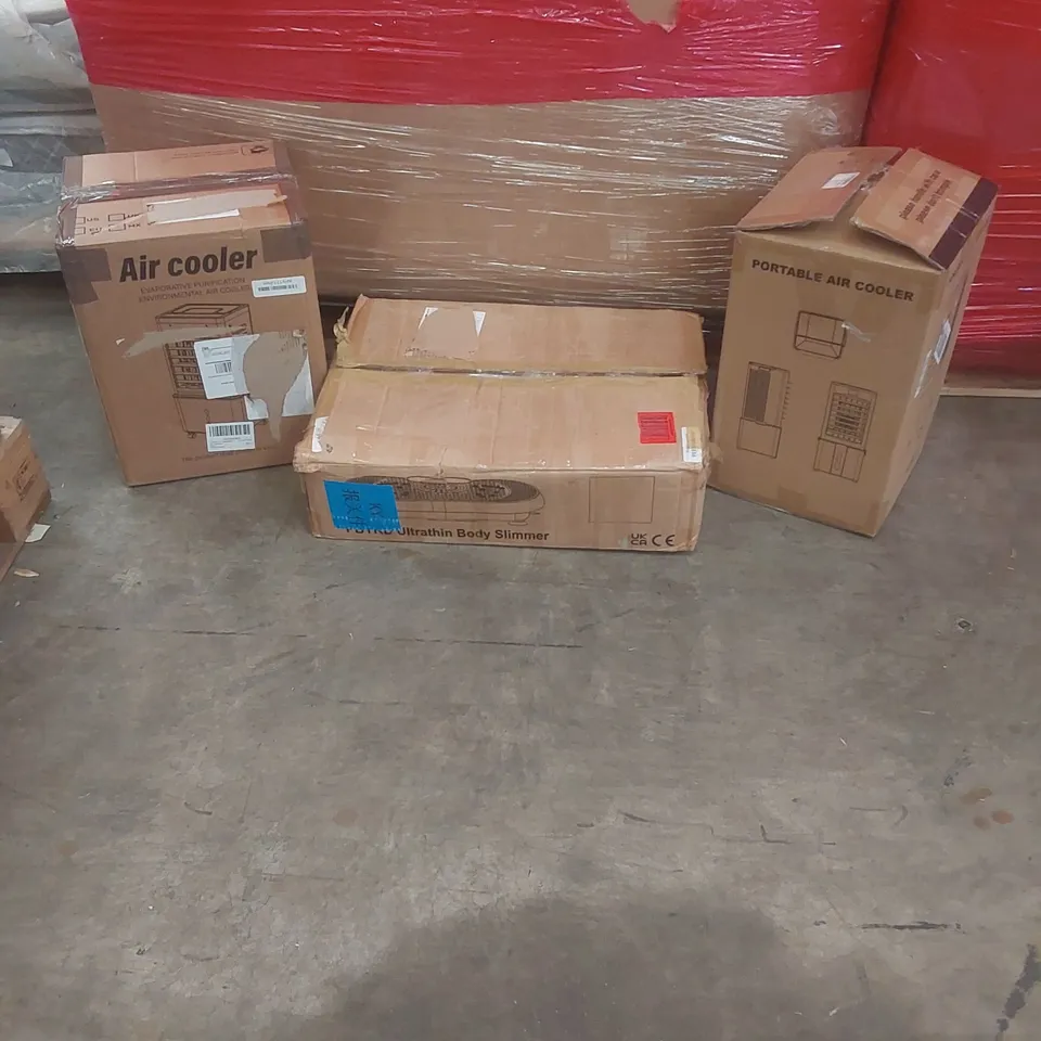 PALLET OF ASSORTED PRODUCTS AND ITEMS TO INCLUDE:PORTABLE AIR COOLER,AIR COOLER,BODY SLIMMER