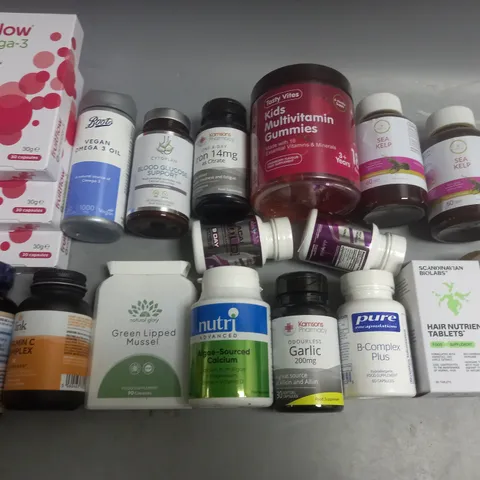 LOT OF APPROXIMATELY 20 ASSORTED FOOD SUPPLEMENTS TO INCLUDE SEA KELP, GREEN LIPPED MUSCLES AND FISH OIL